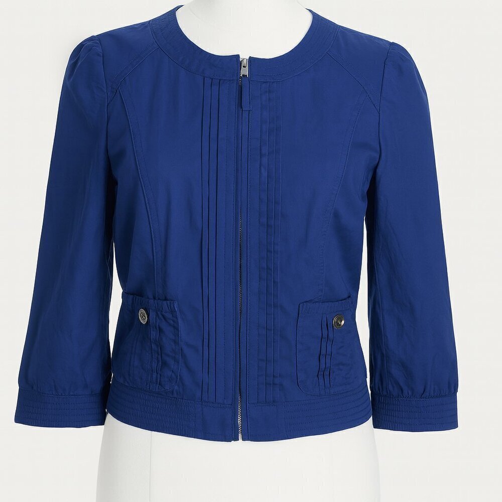 White House Black Market WHBM Short Waist Jacket Full Zip Double Pkt Blue 12 EUC